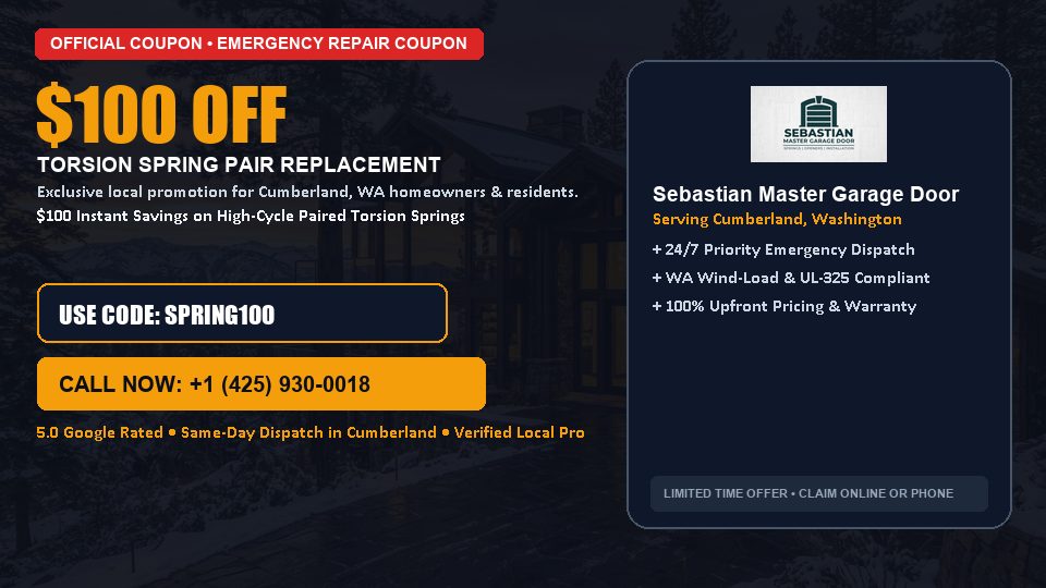 Sebastian Master Garage Door $100 OFF Dual Torsion Spring Replacement in Cumberland, WA