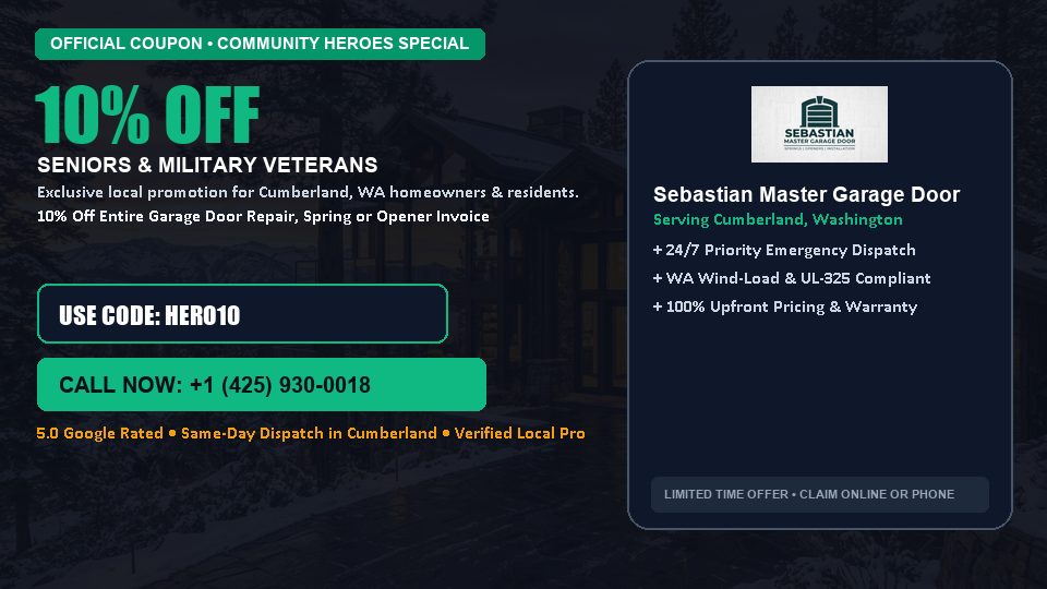 Sebastian Master Garage Door 10% OFF Seniors & Military Veterans in Cumberland, WA